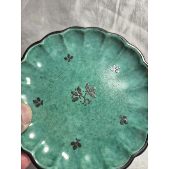 VTG Gustavsberg Sweden Argenta Art Pottery Scallop Edge Dish Silver Detail #939 - Picture 6 of 15